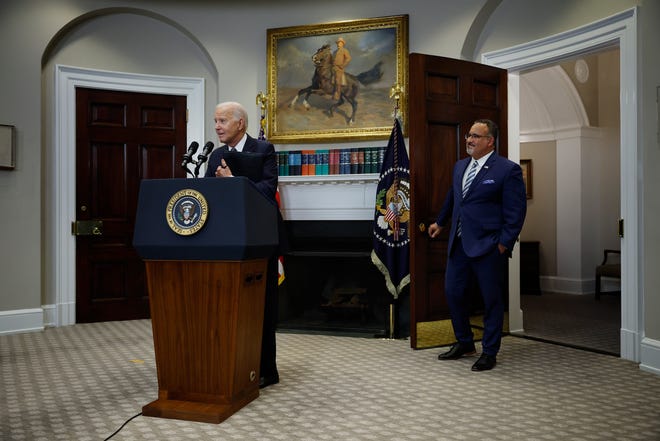 President Joe Biden is joined by Education Secretary Miguel Cardona as he announces new actions to help borrowers after the Supreme Court struck down his student loan forgiveness in June.