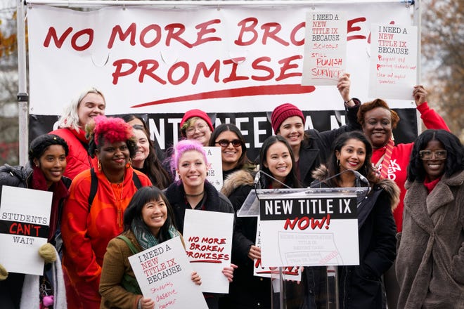 Students and advocates rally outside the White House on Tuesday, calling on the Biden administration to release a final Title IX rule.