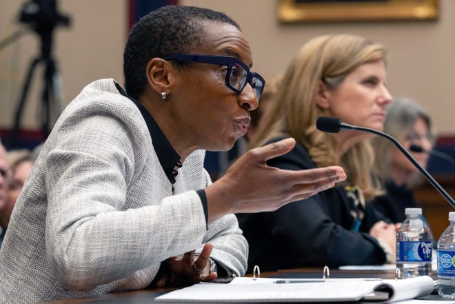 Harvard President Claudine Gay, left, speaks as University of Pennsylvania President Liz Magill listens, during a hearing of the House Committee on Education on Capitol Hill this week.