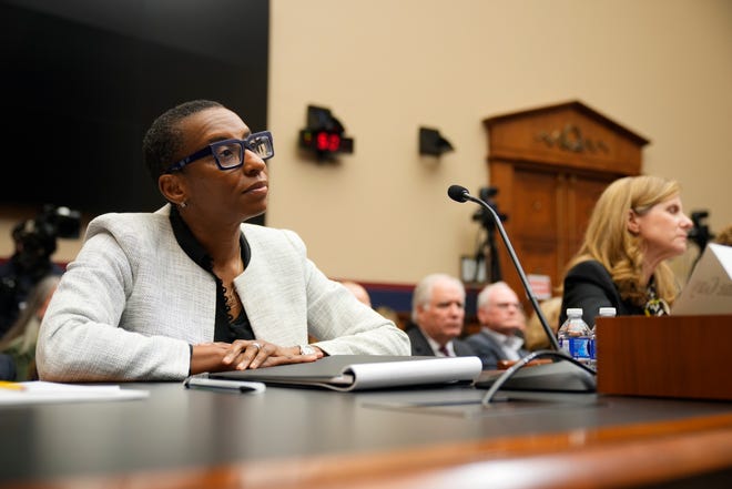 Harvard University President Claudine Gay, left and Liz Magill, president of the University of Pennsylvania, testify at the House Committee on Education and the Workforce hearing on the recent rise in antisemitism on college campuses on Dec. 5, 2023.