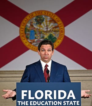 Gov. Ron DeSantis talks during his bill signing ceremony of new legislation impacting the state's colleges and universities in May, held at Sarasota's New College of Florida.