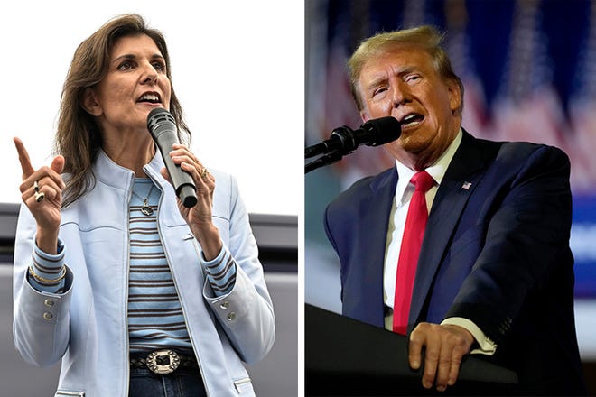 This combo photo shows former UN Ambassador Nikki Haley and former President Donald Trump, both candidates for the Republican nomination, in South Carolina on Feb. 10, 2024, where Trump raised questions about Haley's husband's absence from her campaign. (AP Photo, File)