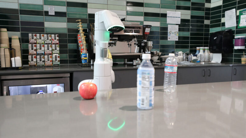 robot viewing bottles on counter