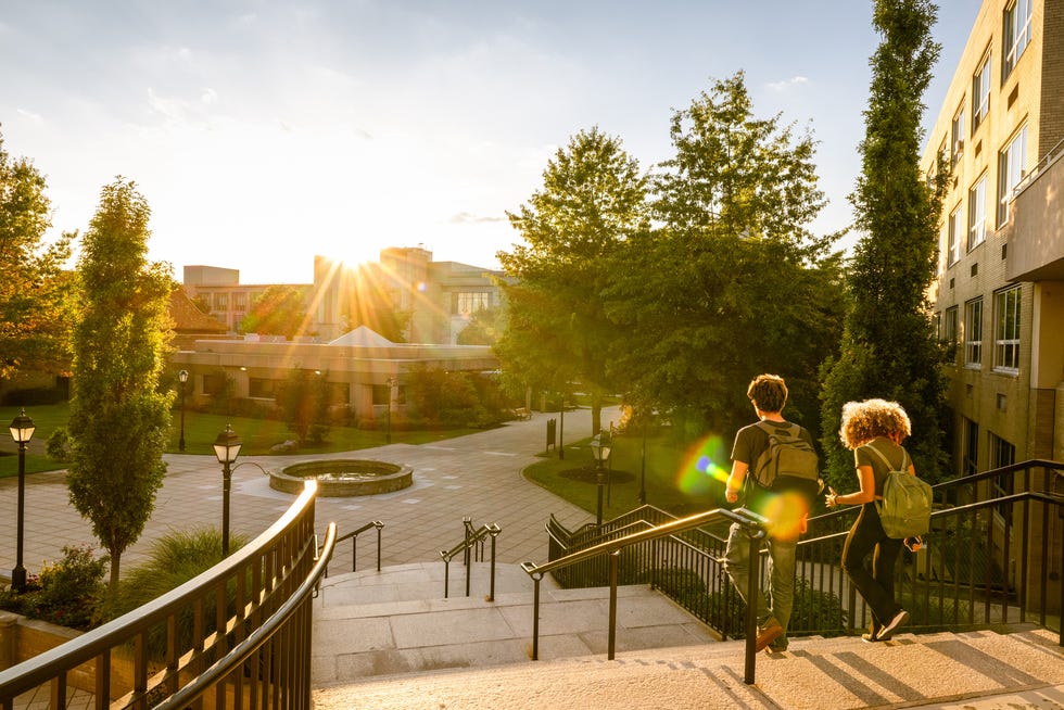 Rear view of two university students walking down campus stairs at sunset.