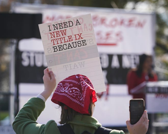 Students and advocates rally to call for the Biden administration to release a final Title IX rule in Washington, DC on Tuesday, Dec. 5, 2023.