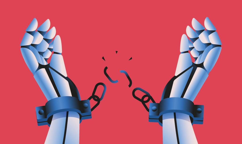 Illustration of robot hands breaking out of handcuffs