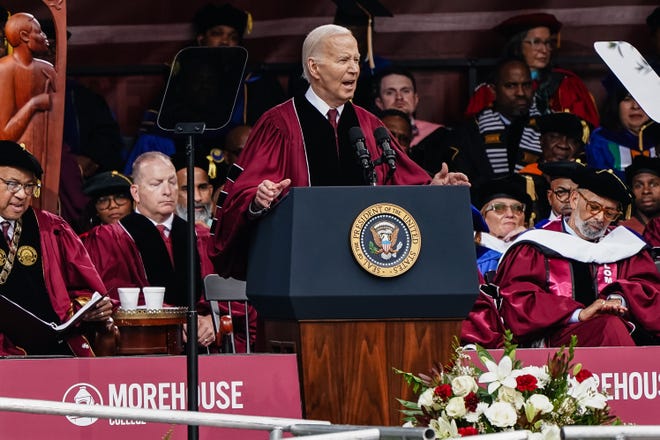 President Joe Biden speaks at the Morehouse College Commencement on May 19, 2024 in Atlanta, Georgia.