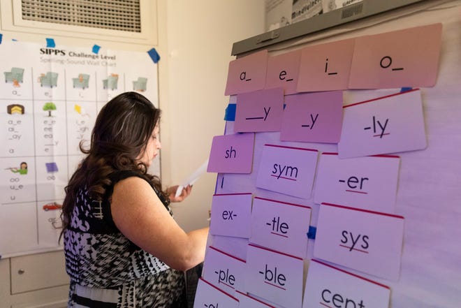 SIPPS reading cards are displayed on a board in Wendy Gonzalez's 4th grade classroom at Downer Elementary on Apr. 17, 2023, in San Pablo, California.