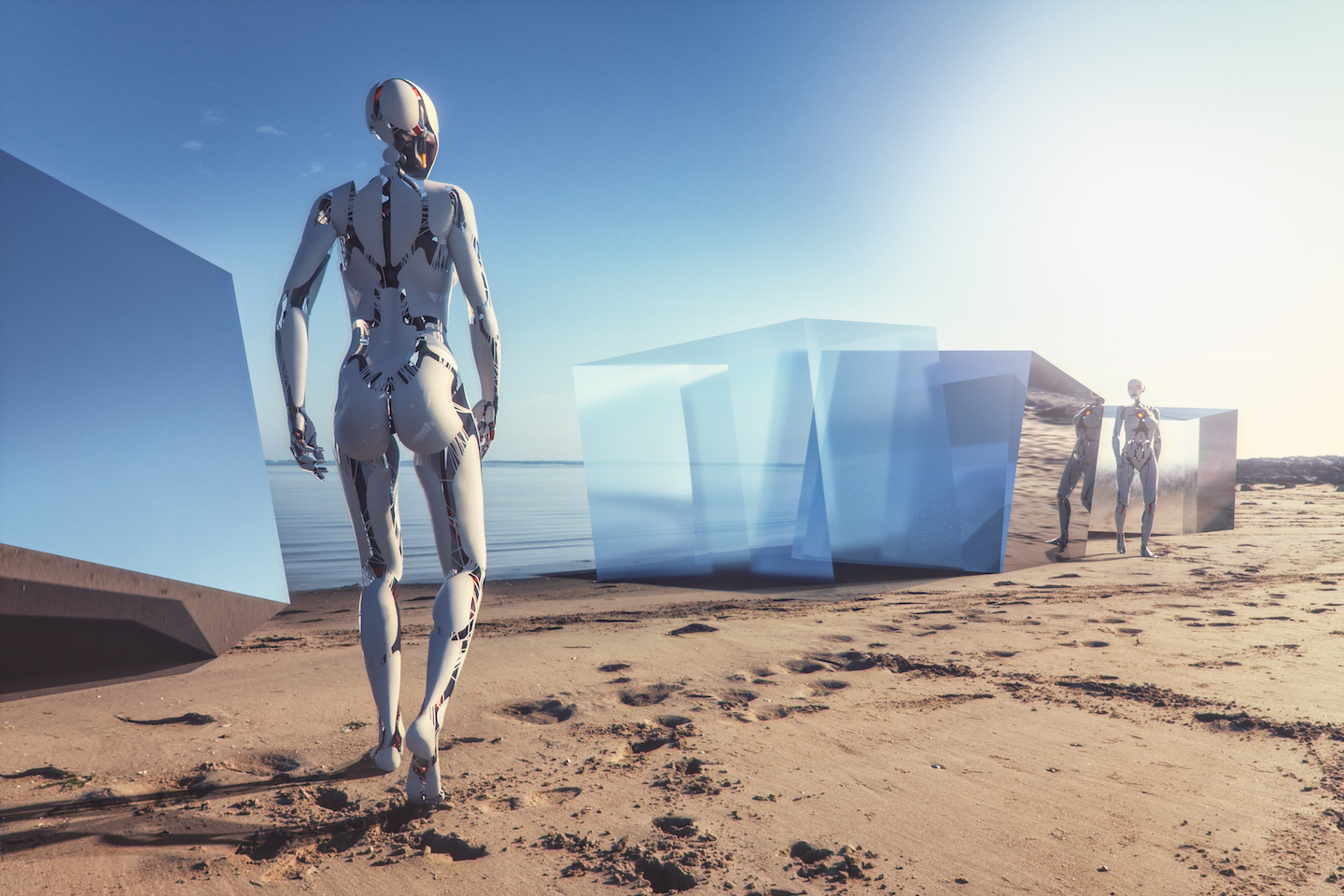 two futuristic cyborgs walk a sunny beach among mysterious, large reflective squares